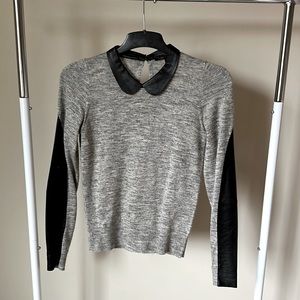 Maje grey wool and genuine leather trim peter pan collar sweater Sz 1 fit xs